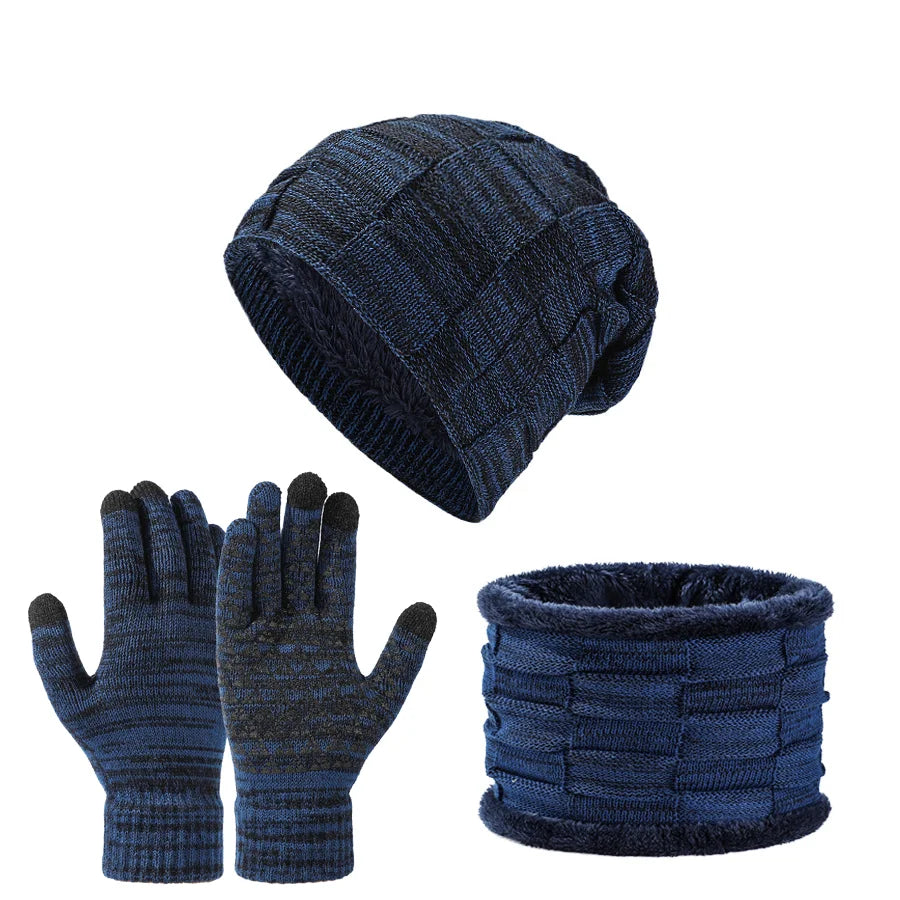Autumn Winter Unisex Warm & Soft Winter Fleece-lined Knitted Hat,Scarves And Touch Screen Gloves 3-Piece Set Peaceful Pleasures Health and Wellness Blue Black