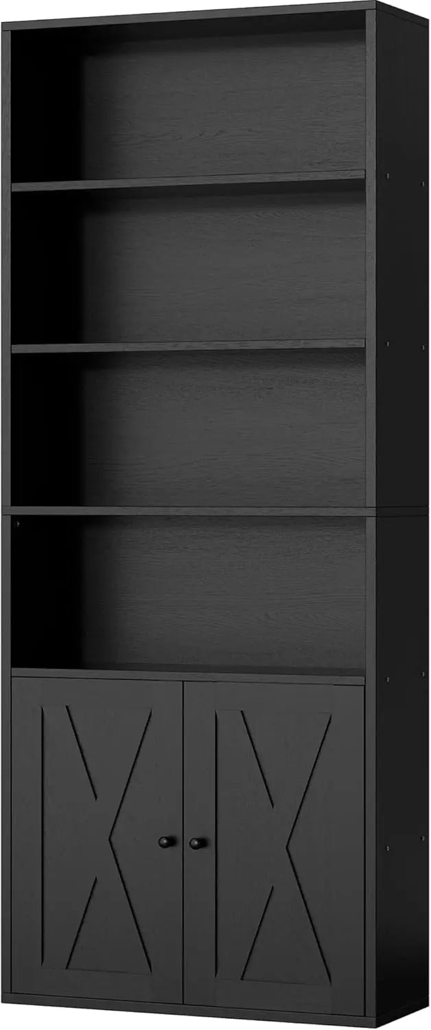 Black bookshelf with two doors and five shelves