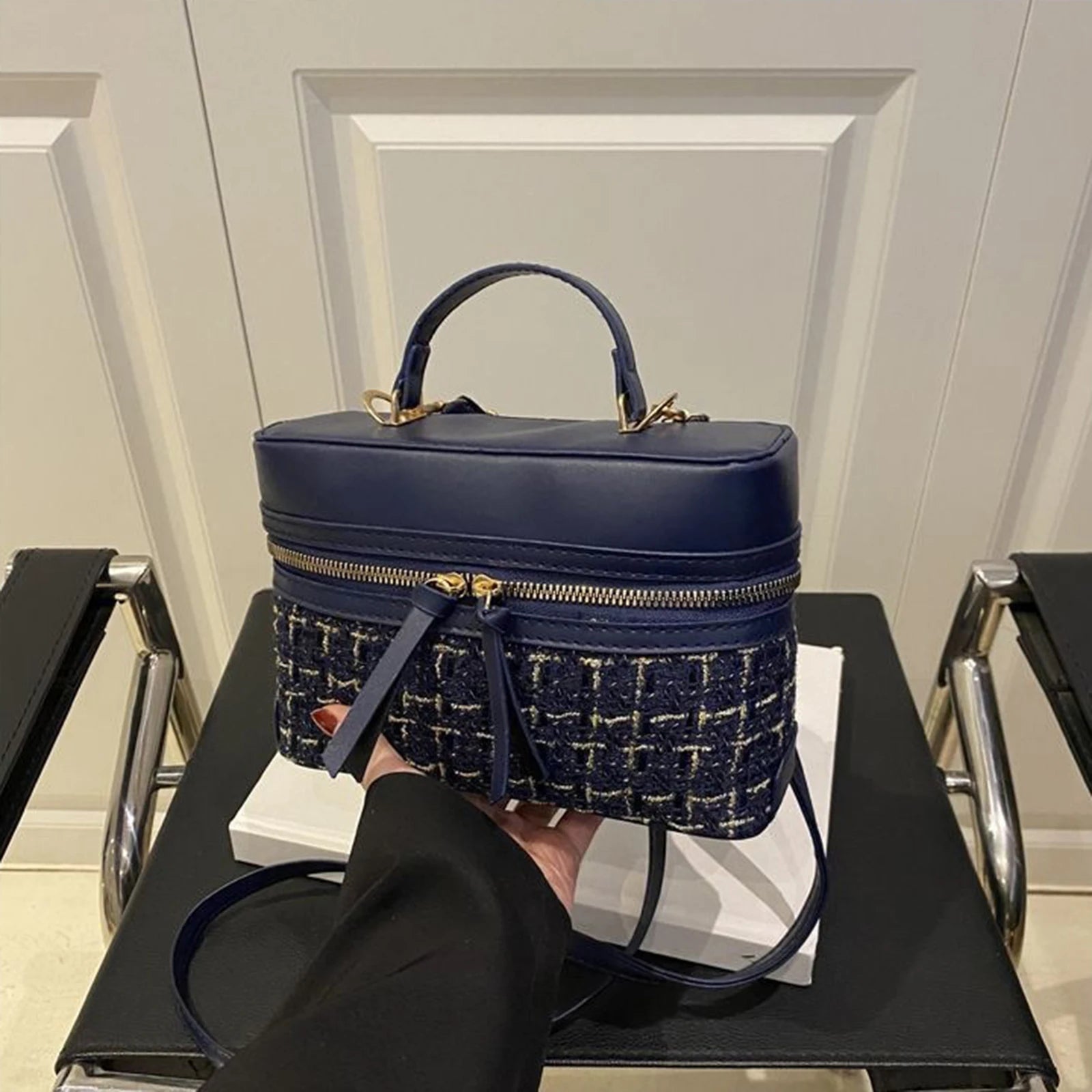 Woolen Material Small Square Bag With Chain Strap For Women Stylish Plaid Design Handbag Peaceful Pleasures Health and Wellness