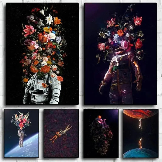 Abstract Astronaut Space Flower Canvas Wall Art Poster | Modern Canvas Wall Art Peaceful Pleasures Health and Wellness