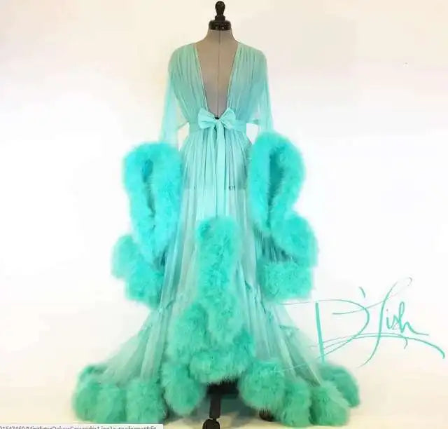 Deep V-Neck Lace Feather Maternity Gown | Photo Shoot Dress Maternity Photography Dress Peaceful Pleasures Health and Wellness E green XL China Mainland