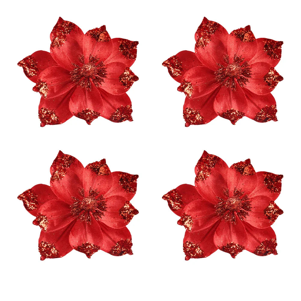 Gold Glitter Christmas Artificial Flowers – Set of 4 | Holiday Decor