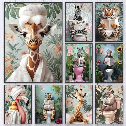 Funny Animal Bathroom Canvas Wall Art | Zebra Giraffe Tiger Canvas Wall Art Peaceful Pleasures Health and Wellness