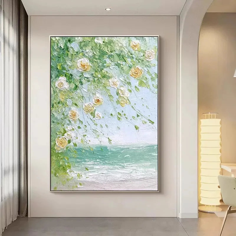 Hand Painted Canvas Oil Painting Abstract Green Spring Flowers Landscape Poster Wall Art Home Decor Mural Living Room Bedroom Peaceful Pleasures Health and Wellness no frame 90cmx180cm
