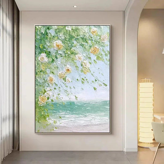 Hand Painted Canvas Oil Painting Abstract Green Spring Flowers Landscape Poster Wall Art Home Decor Mural Living Room Bedroom Peaceful Pleasures Health and Wellness no frame 90cmx180cm