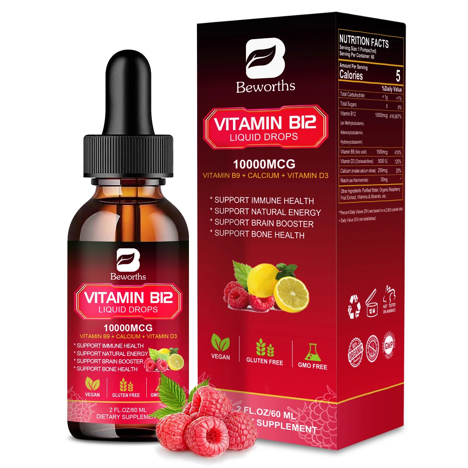 Vitamin B12 Liquid Drops 10000mcg – Energy, Immune, Heart & Digestion Support | Raspberry | 60ml Peaceful Pleasures Health and Wellness 60ML 1bottle United States