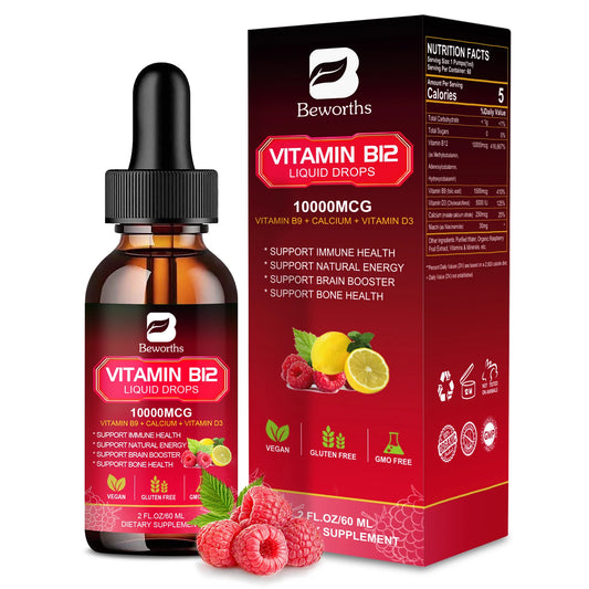 Vitamin B12 Liquid Drops 10000mcg – Energy, Immune, Heart & Digestion Support | Raspberry | 60ml Peaceful Pleasures Health and Wellness 60ML 1bottle United States