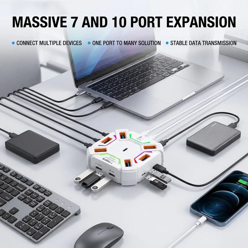 USB 2.0 Hub 7/10 Port High Speed Multi-Port Splitter with Individual LED Switches, Plug and Play for PC Mouse Keyboard USB Peaceful Pleasures Health and Wellness