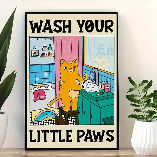Cartoon Cat "Wash Your Paws" Canvas Wall Art | Bathroom Decor Canvas Wall Art Print Peaceful Pleasures Health and Wellness G3928 30x40cm Unframed
