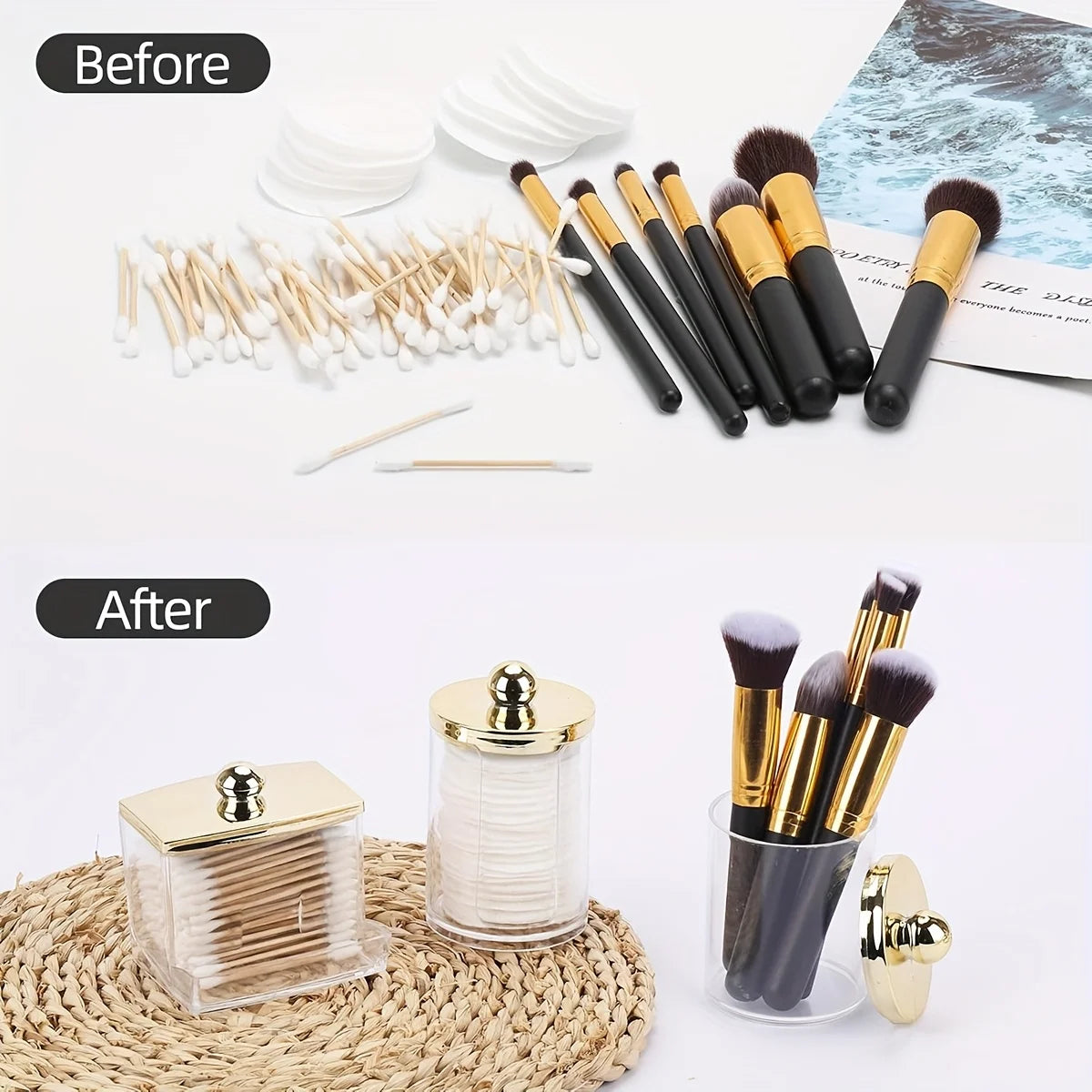 Apothecary Qtip Holder & Cotton Ball Dispenser with Gold Lid
