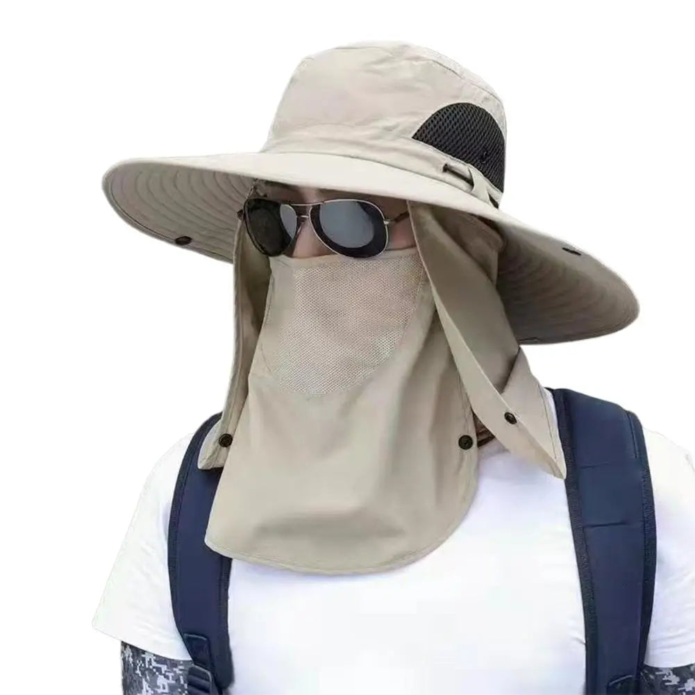 Men Fishing Cooling Sun Hat Mask Summer Big Brim Anti-ultraviolet Travel Mountaineering Outdoor Sunshade Sunscreen Fisherman Hat Peaceful Pleasures Health and Wellness Khaki