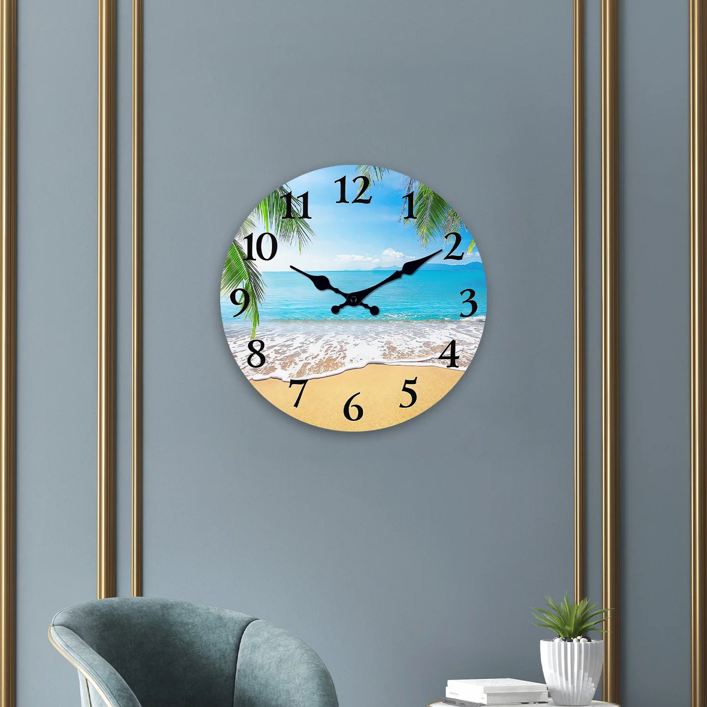 Light Luxury Beach Pattern Wooden Wall Clock for Living Room, Bedroom, Kitchen, Home Decoration, Silent Quartz Clock, Holiday Gift, 10 Inches, 12 Inches (No Battery) Peaceful Pleasures Health and Wellness