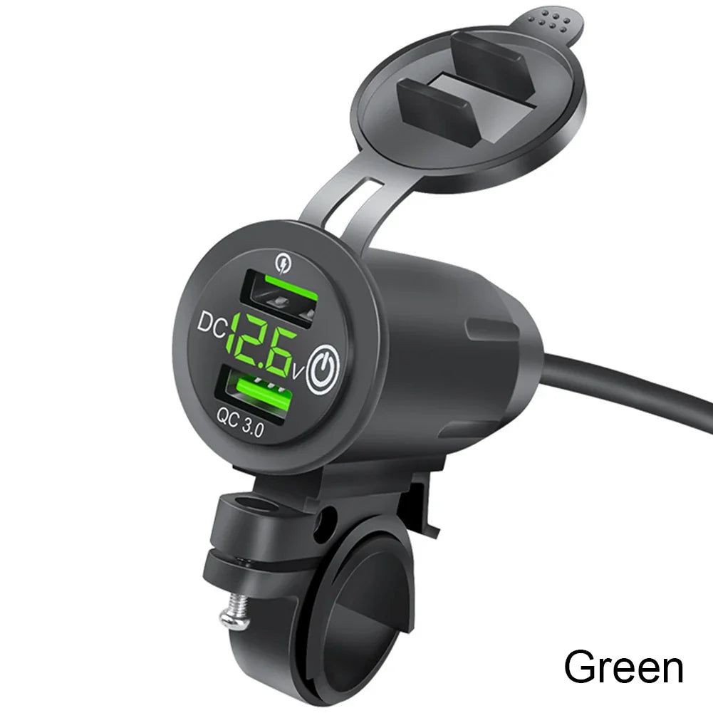 Dual QC 3.0 Waterproof Motorcycle USB Charger with Voltmeter