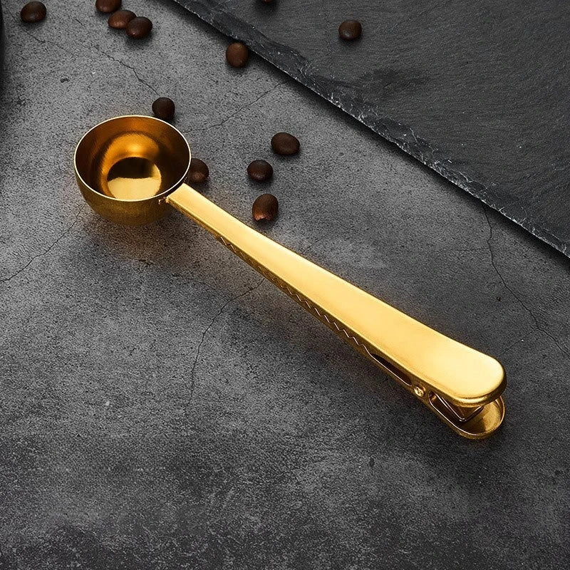 2-in-1 Coffee Scoop Stainless Steel Coffee Powder Measuring Scoop with Sealing Clip Tea Milk Powder Scoop Coffee Accessories Peaceful Pleasures Health and Wellness gold