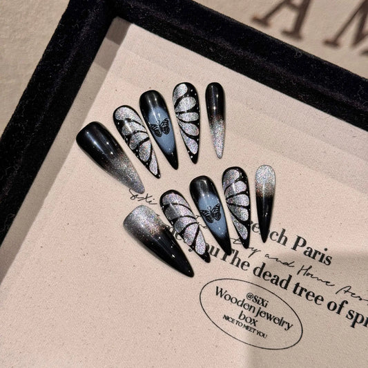 Y2K Press On Nails – Black Cat Eye Butterfly Long Coffin Tips Press-On Nail Set Peaceful Pleasures Health and Wellness S