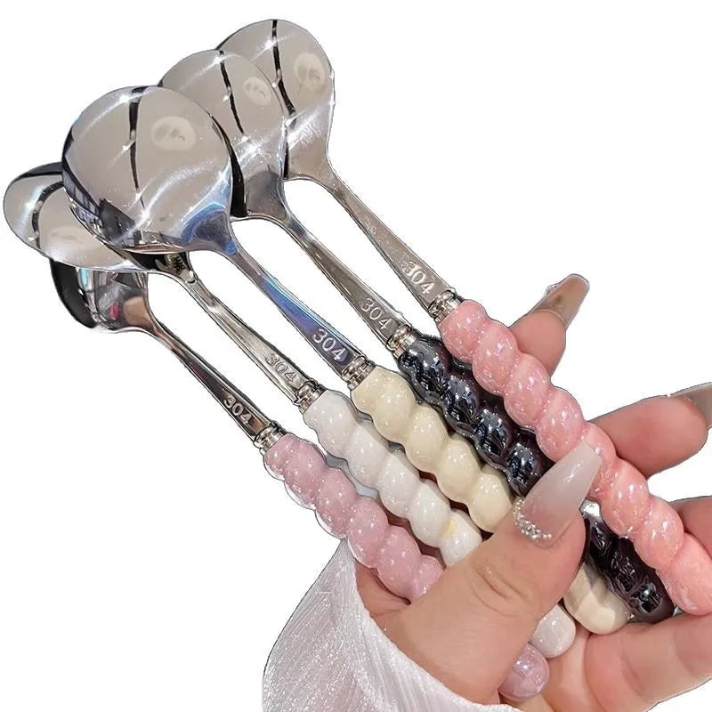 2026 New 304 Stainless Steel Spoon Girl Pearl Five-color Imitation Ceramic Handle Spoons Household Long Handled Dining Spoon Peaceful Pleasures Health and Wellness