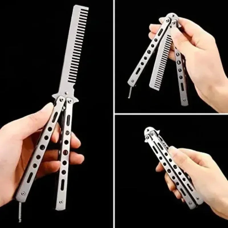 Foldable Comb Stainless Steel Practice Training Butterfly Knife Comb Beard Moustache Brushe Salon Hairdressing Styling Tool Peaceful Pleasures Health and Wellness