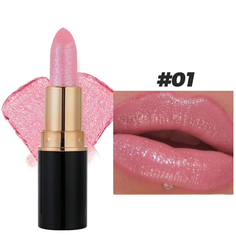 6 Colors Glitter Lipstick Waterproof Lasting Diamond Pearlescent Metallic Lipstick Women Lips Makeup Cosmetic Peaceful Pleasures Health and Wellness 01