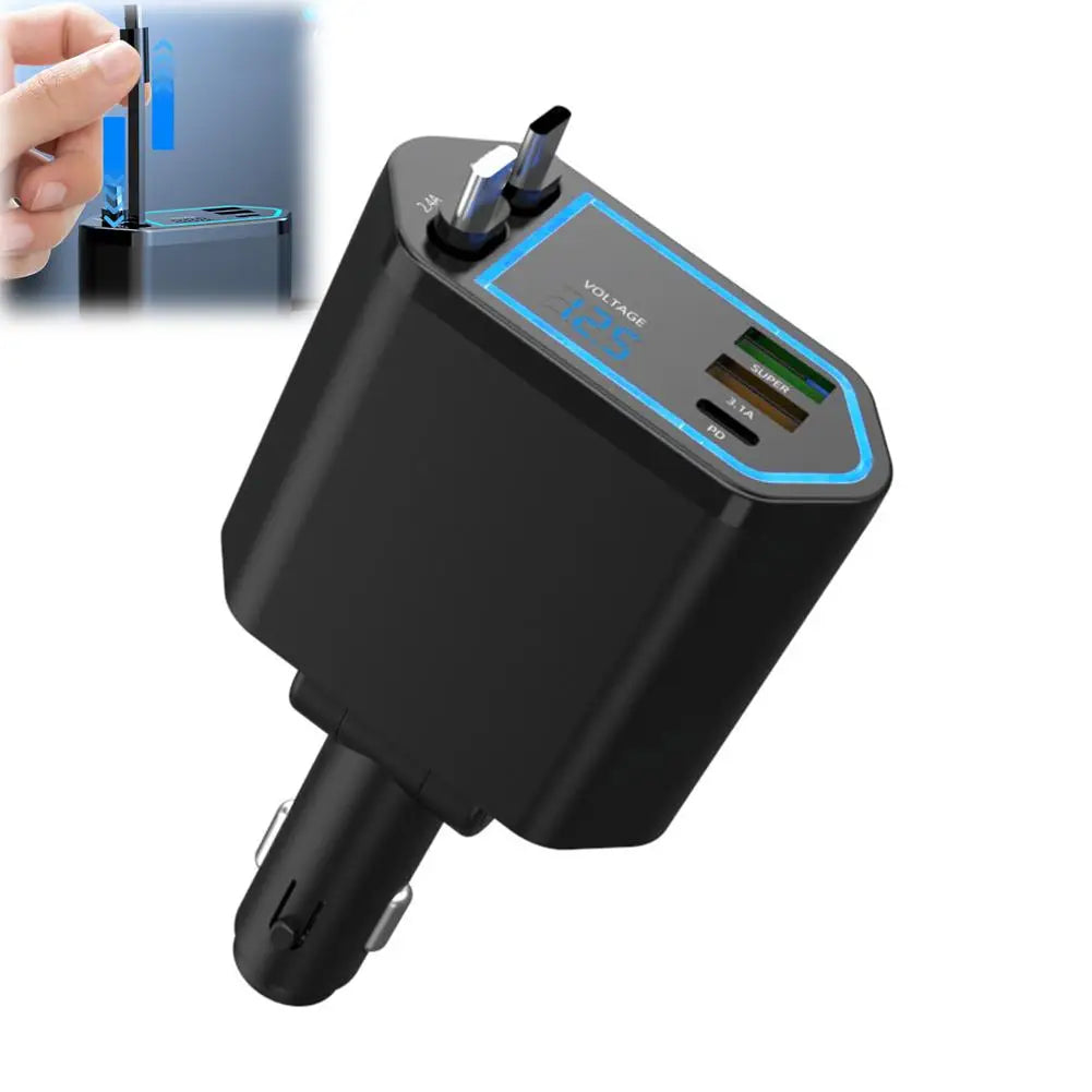 120W 4-in-1 Fast Car Charger – Retractable Cable & 2 USB Ports