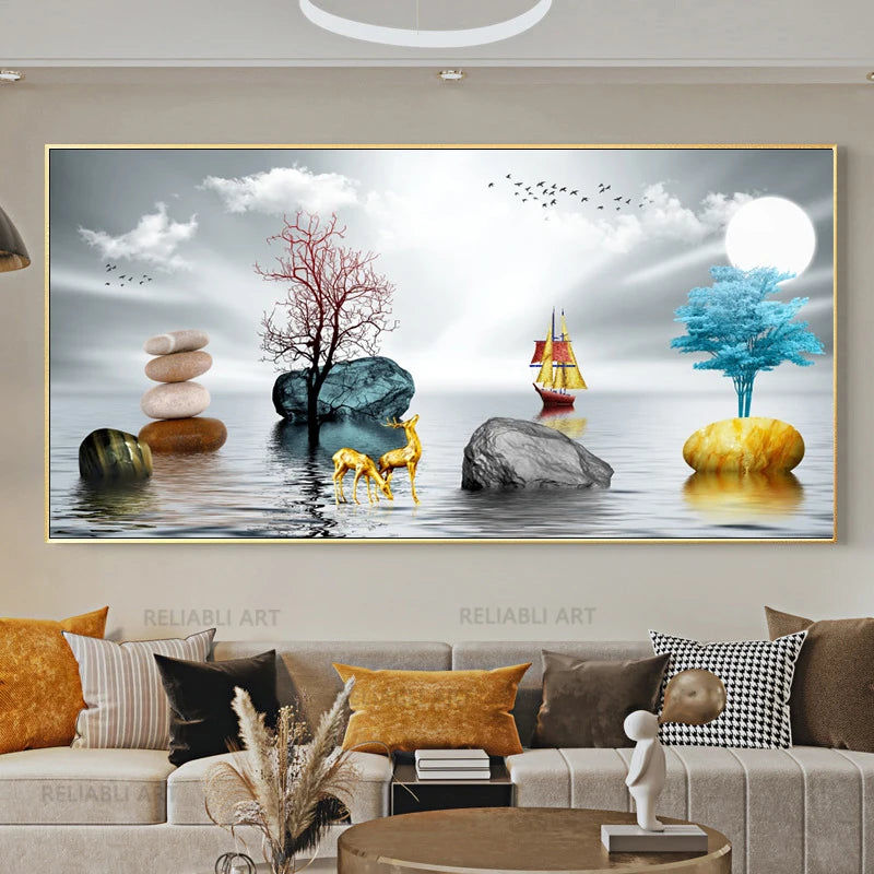 Chinese Feng Shui Golden Rich Tree Canvas Painting Wall Art Deer Landscape Lucky Stone Posters Wall Art for Living Room Decor Peaceful Pleasures Health and Wellness