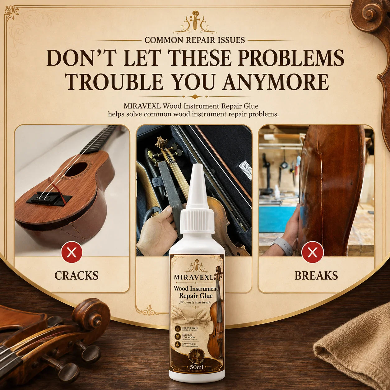 MIRAVEXL Wood Instrument Repair Glue 50ml Kit | Guitar Violin