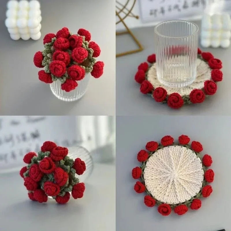 Hand Crochet Rose Flower Coasters | Heat Resistant Wool Mat Set