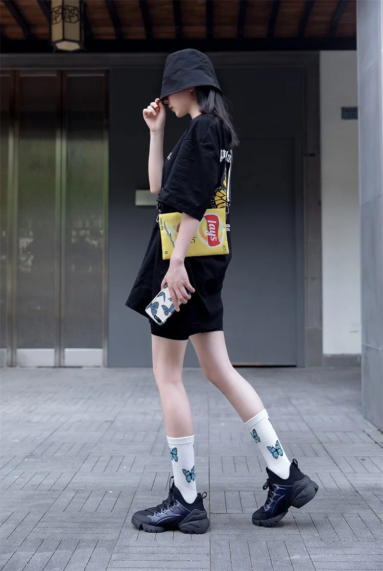 New Lolita Butterfly Socks Women Streetwear Harajuku Crew Women Cotton Sock white black Fashion Kawaii Hip Hop Cow JK Socks Cool Peaceful Pleasures Health and Wellness