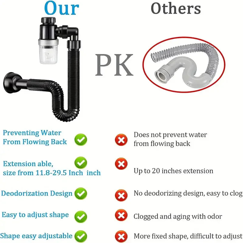 Flexible Sink Drain Pipe & Odor-Blocking Strainer | Universal Fit