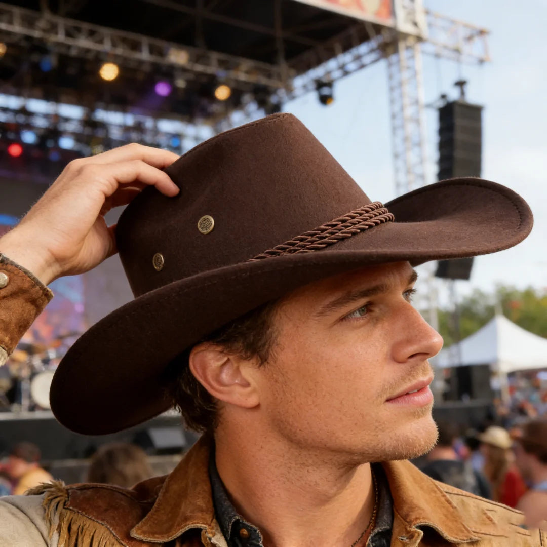 Brown Felt Western Cowboy Hat Braided Band Wide Curved Brim Unisex