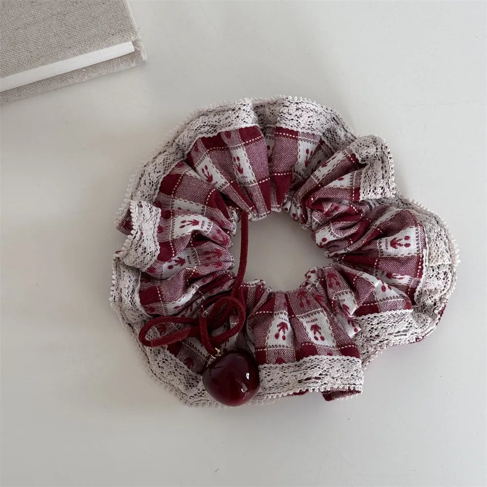 New Red Plaid Cherry Scrunchie Korean Windmill Hair Ring Cute Cherry Square Scarf Design Sweet Hair Accessories for Daily Outfit Peaceful Pleasures Health and Wellness 2