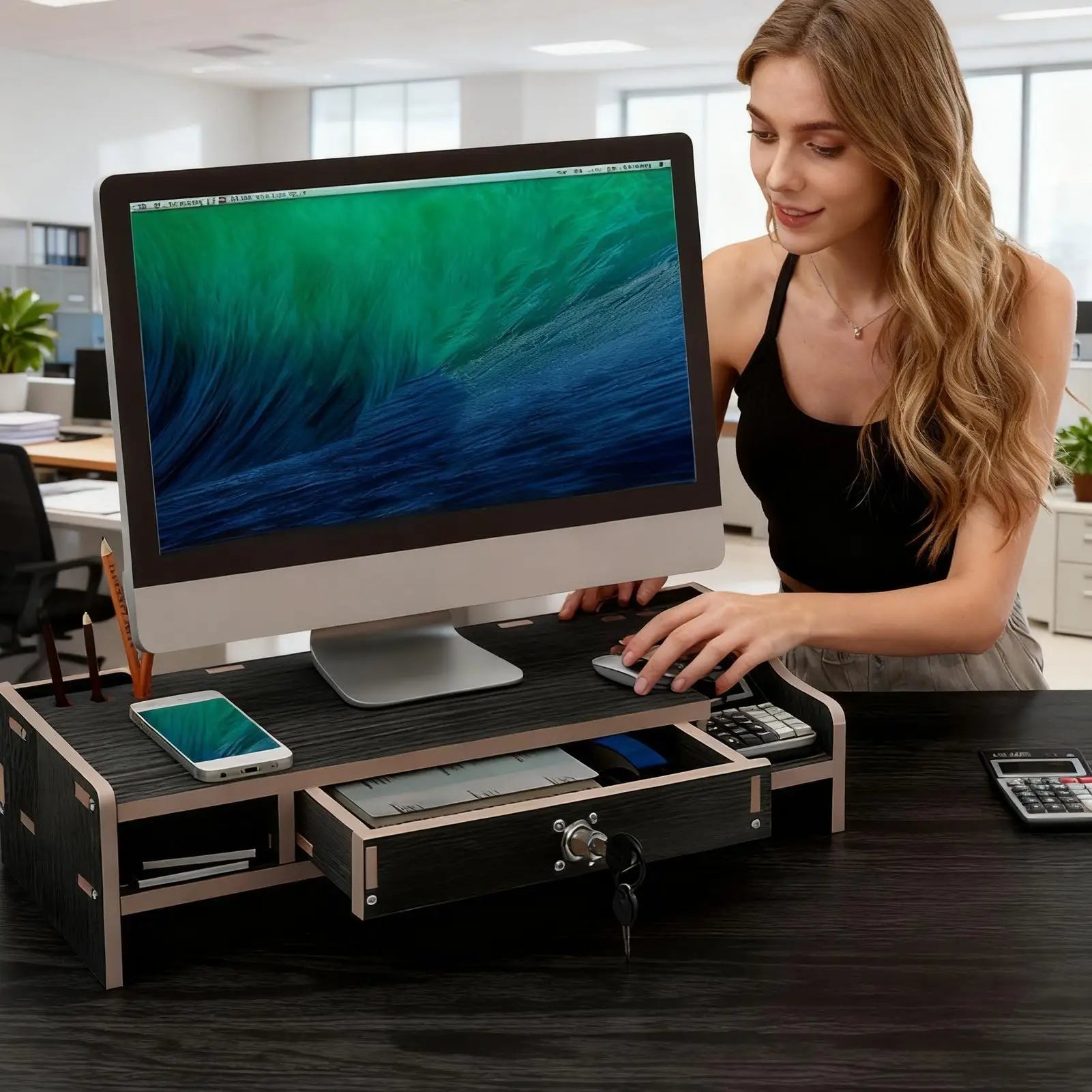 Monitor Stand For Desk Wooden Desktop Organizer Shelf With Drawer Desk Shelf Organizer For Laptop Printer PC TV Screen Pen Home Peaceful Pleasures Health and Wellness