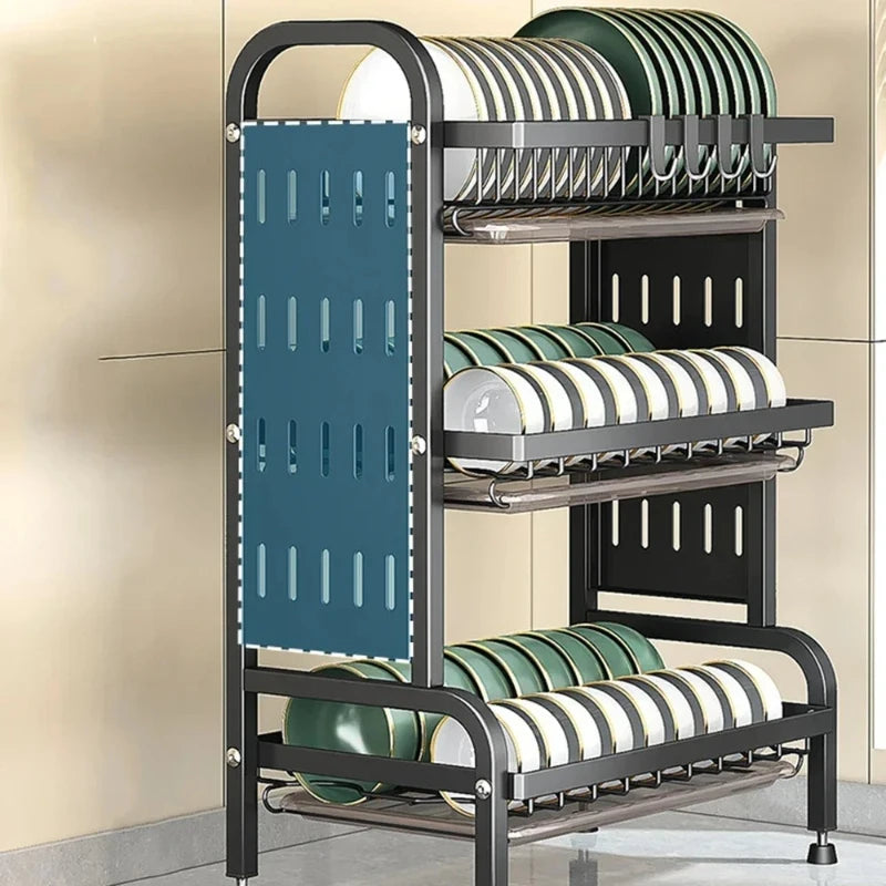 Carbon Steel Kitchen Dishes Drying Storage Rack With Drain Tray Large-capacity Plate Rack Cutlery Chopping Board Tool Organizer Peaceful Pleasures Health and Wellness