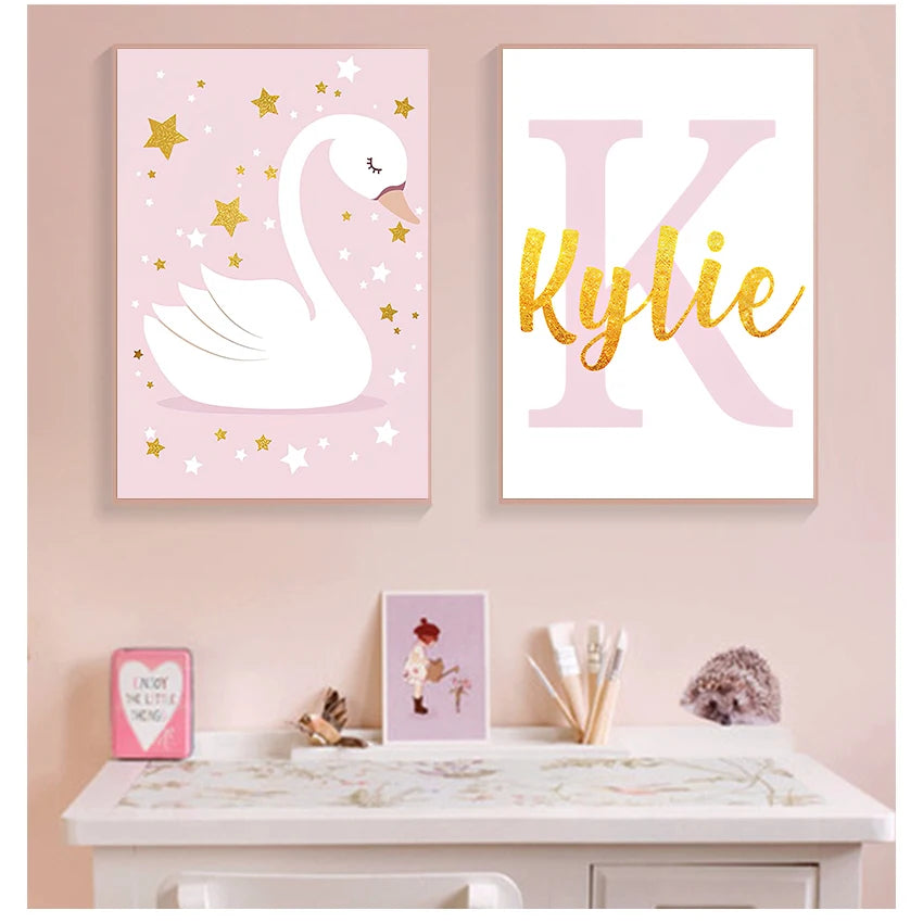 Pink Swan Nursery Canvas Wall Art | Custom Name Baby Girl Decor