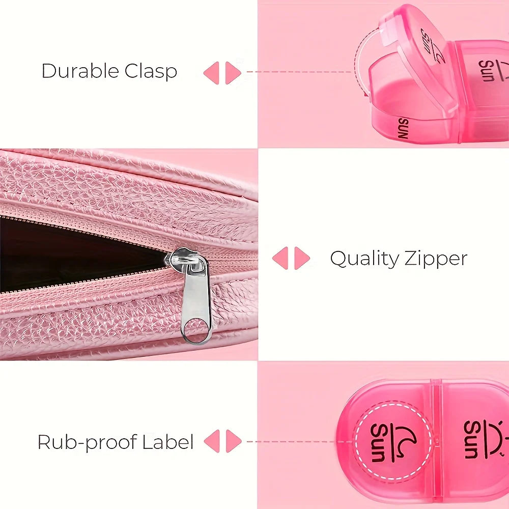 Cute Pill Organizer 2 Times a Day, PU Leather Pill Case, Portable Weekly Pill Box for Purse with Storage Bag to Hold Peaceful Pleasures Health and Wellness