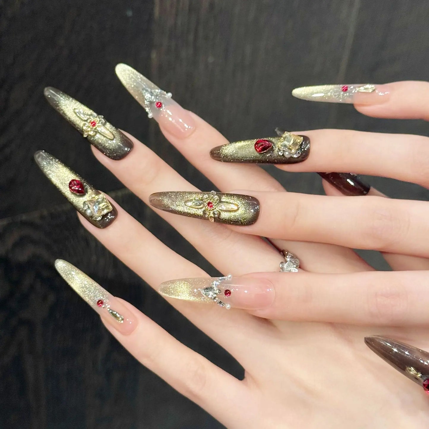 Handmade Burgundy Red Press On Nails – Glitter Cat Eye 10pcs