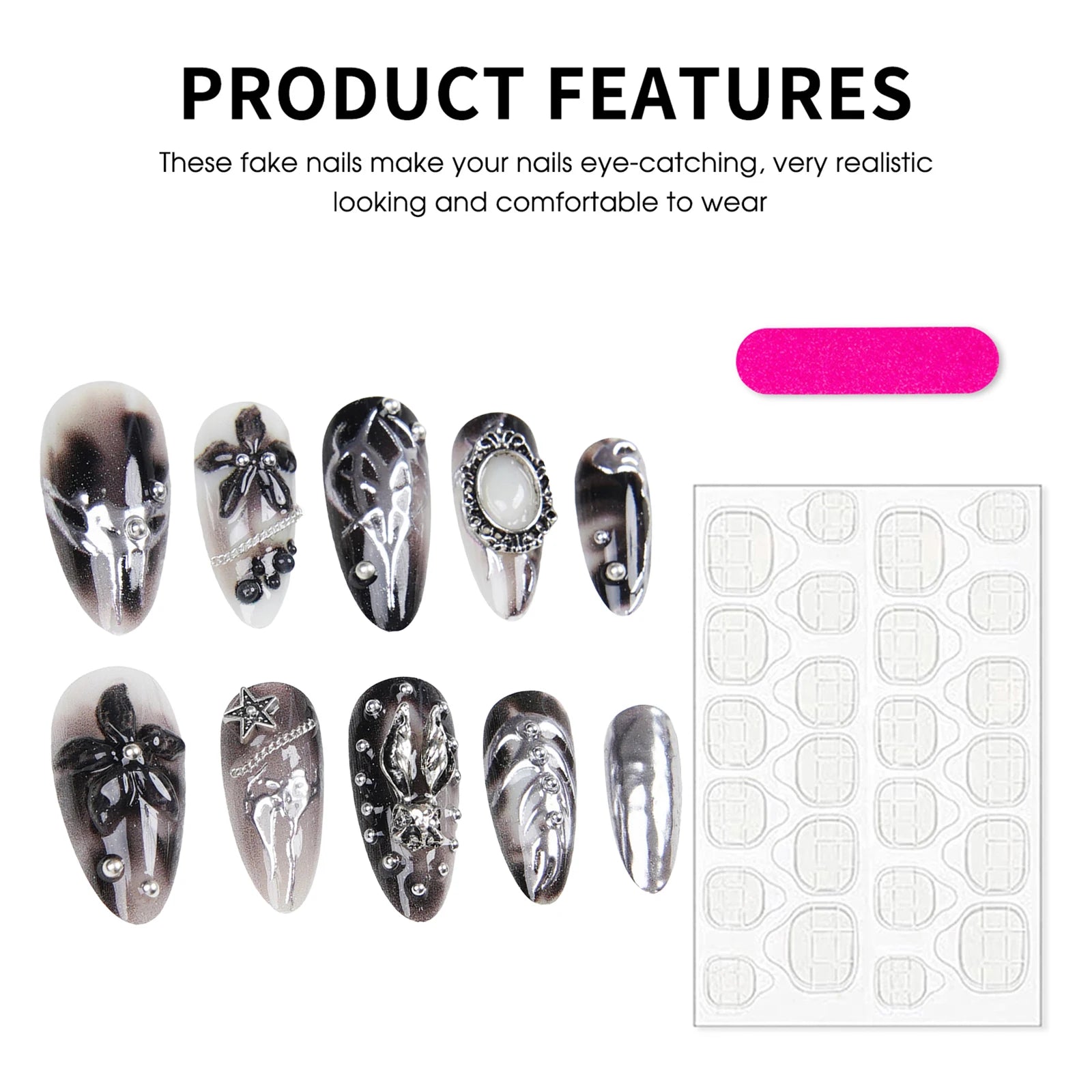 Gothic Punk Style False Nails Press On Nails Halloween Party 3D Flowers Black Silver Resin Retro Fake Nail Art Wearable 24pcs Peaceful Pleasures Health and Wellness