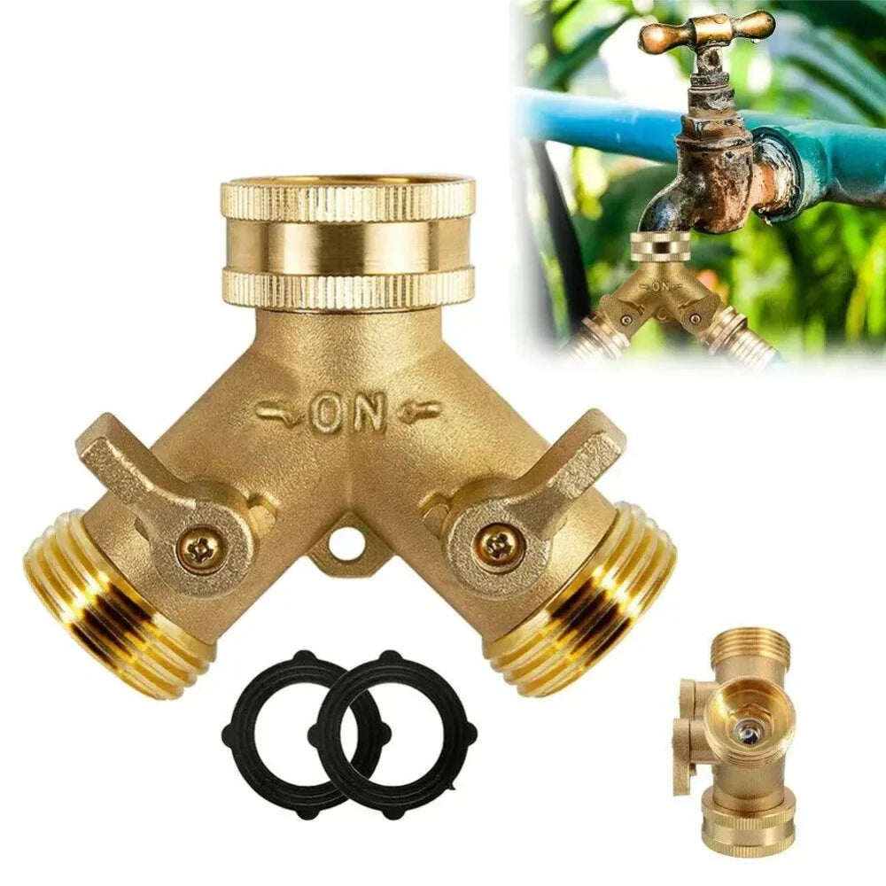 Brass Y-Shaped 2-Way Garden Hose Splitter with Valve Handle