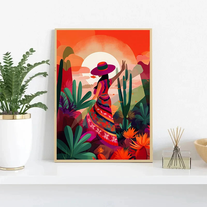 Latina Woman Floral Canvas Wall Art | Ethnic Maximalist Print