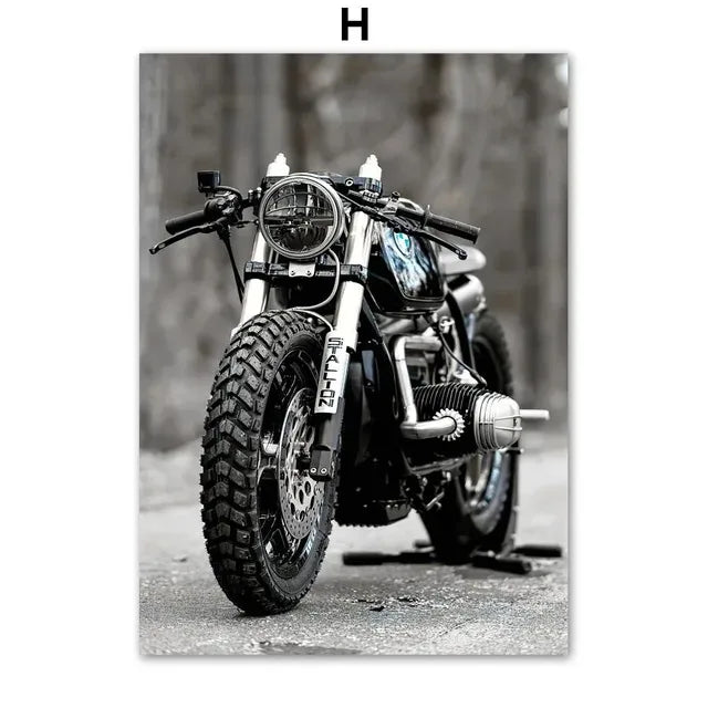 Black & White Motorcycle Canvas Wall Art | Modern Unframed Poster