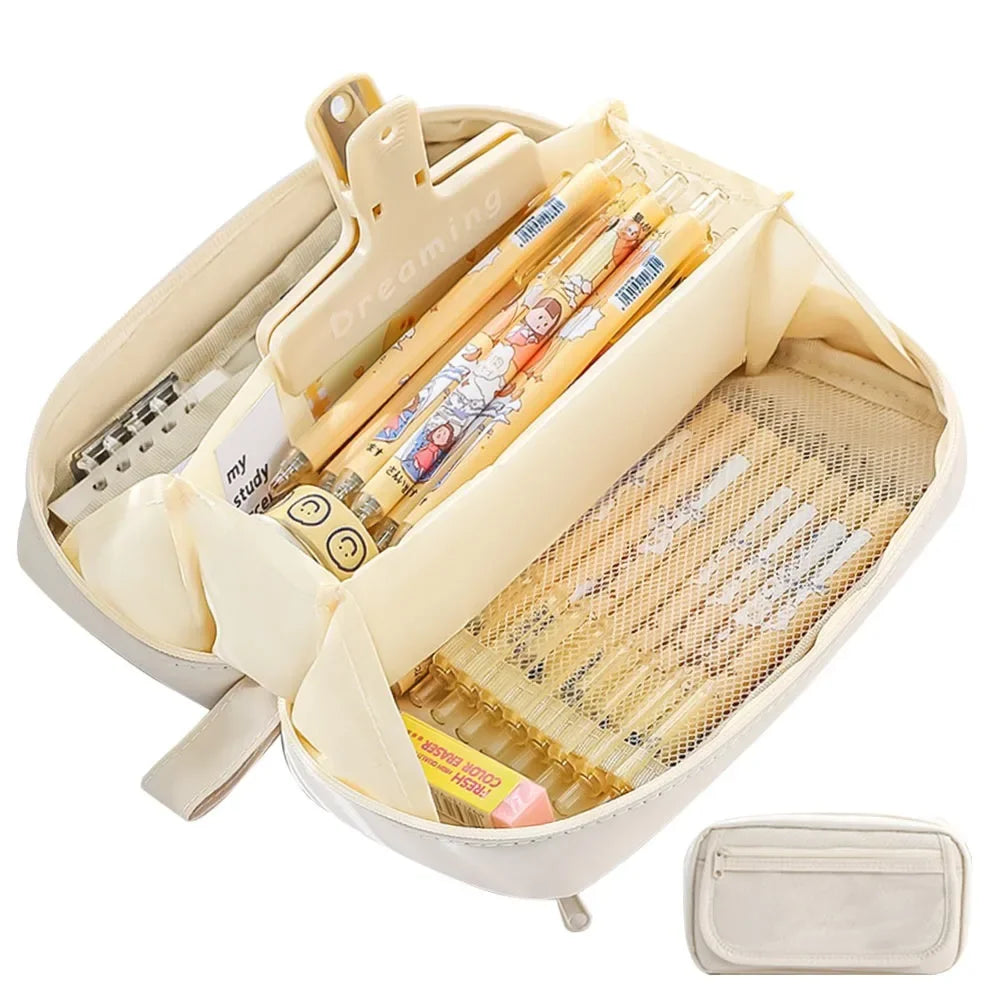 Large Capacity Pencil Bags for Schoolgirls - High-Value Stationery Bag, Multifunctional Pencil Bag, Ideal for School Supplies Peaceful Pleasures Health and Wellness Beige