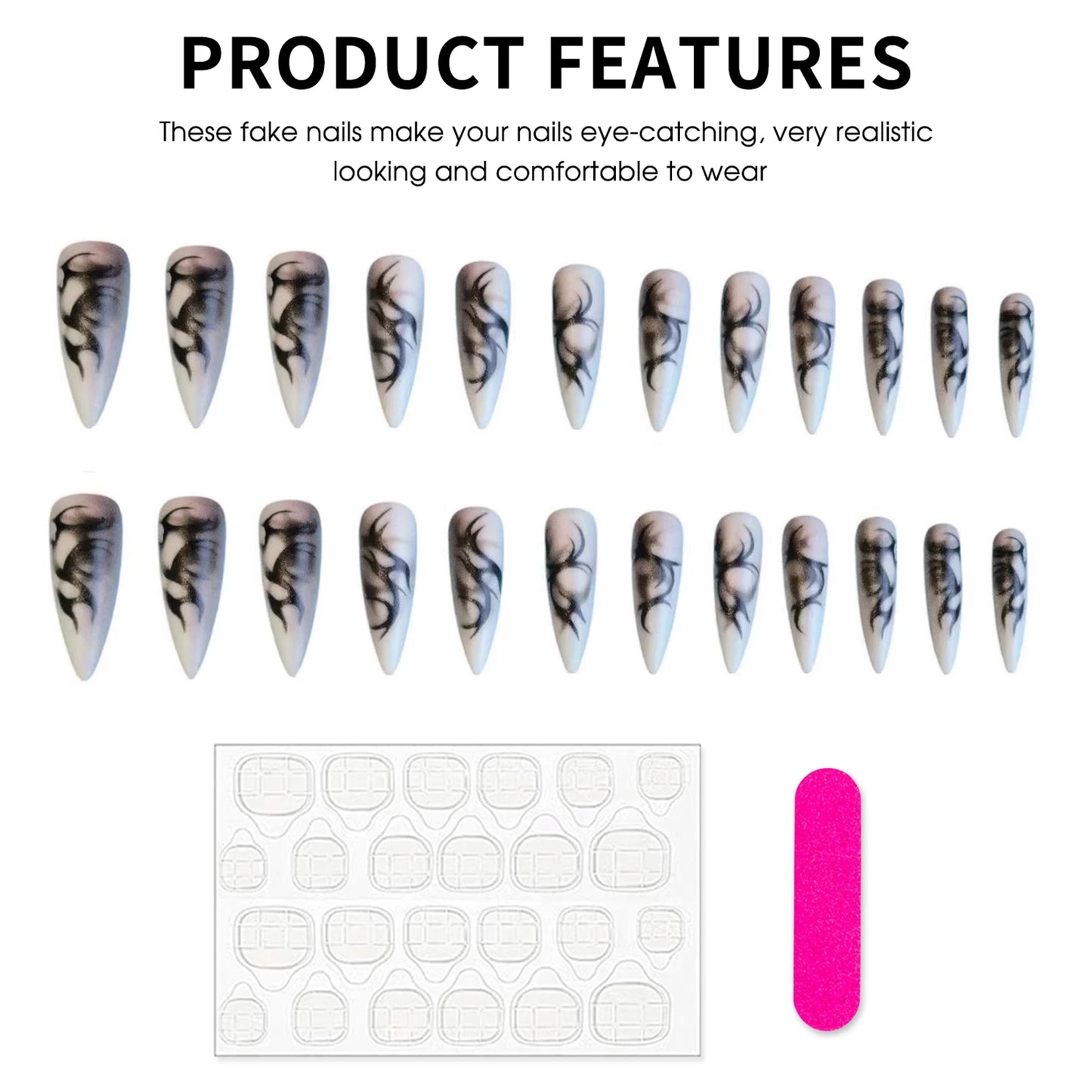 Retro Matte Halloween False Nails Press On Nails Long Pointed Wearable Gothic Punk Style Nail Art With Black Thorns Design 24pcs Peaceful Pleasures Health and Wellness