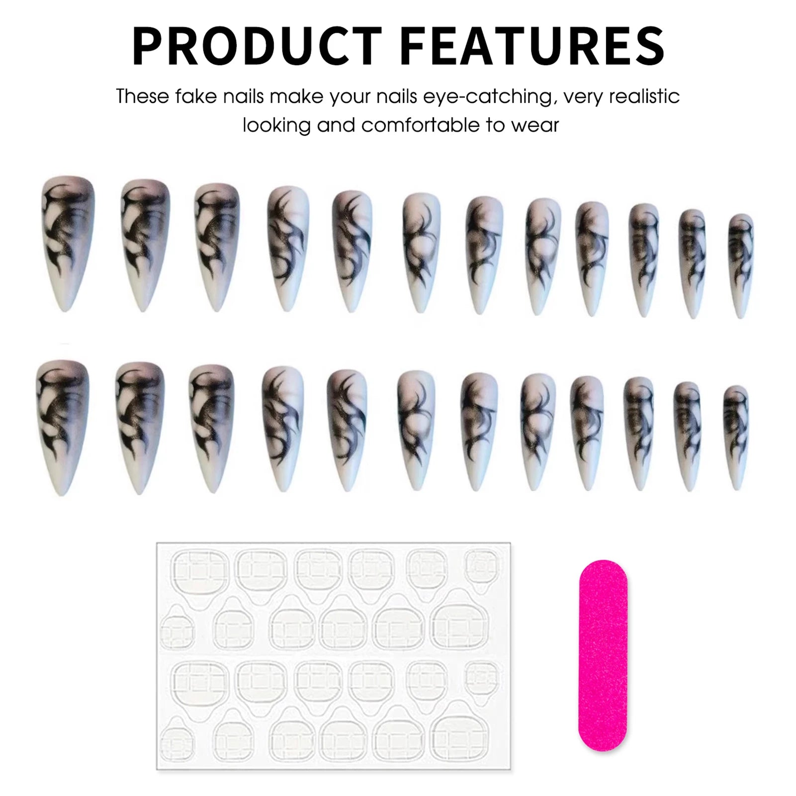 Retro Matte Halloween False Nails Press On Nails Long Pointed Wearable Gothic Punk Style Nail Art With Black Thorns Design 24pcs Peaceful Pleasures Health and Wellness