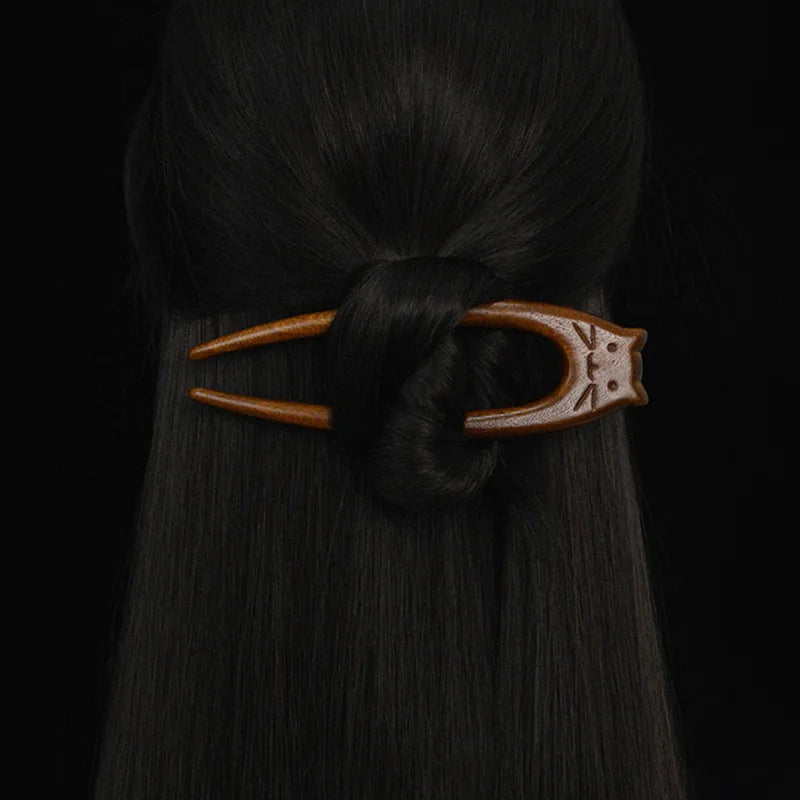Chinese Cat Pattern Hair Sticks Wooden U Shaped Hair Forks for Women Girls Hanfu Hairpin Headwear Headpieces Hair Accessories Peaceful Pleasures Health and Wellness