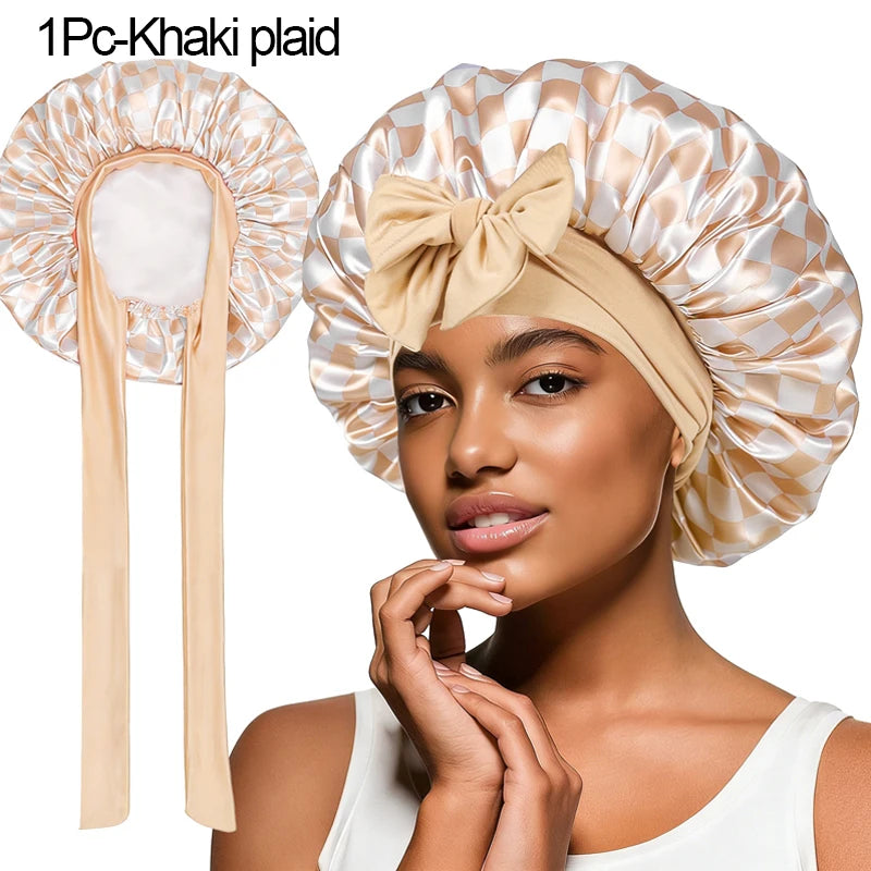 Satin Sleep Bonnet for Women – Cherry Print Lace-Up Hair Cap