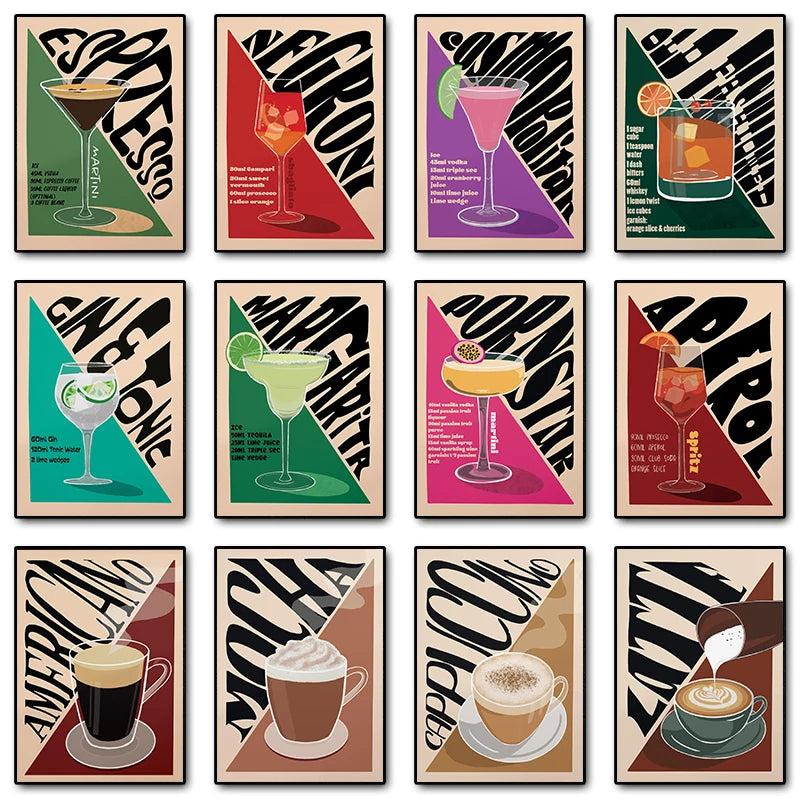Vintage Cocktail Canvas Wall Art | Retro Bar Drinks Print