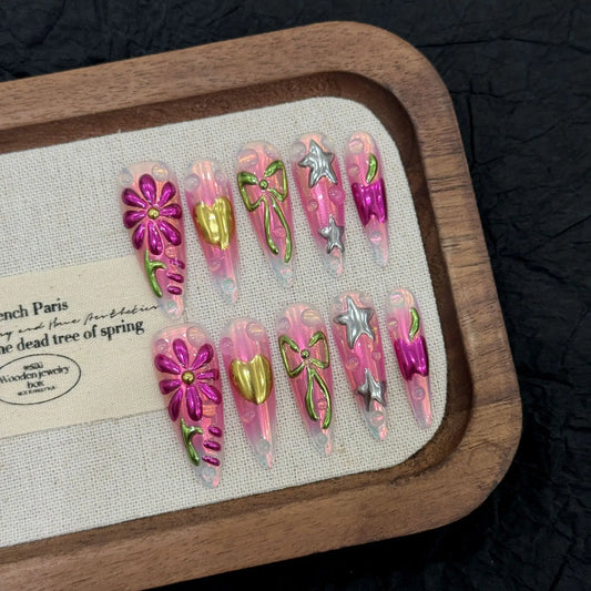 10pcs Handmade Press on Nails Summer Aurora Purple Fake Nail Tips Women Wearable Full Cover Spice Girl Long Almond False Nails Peaceful Pleasures Health and Wellness M 1