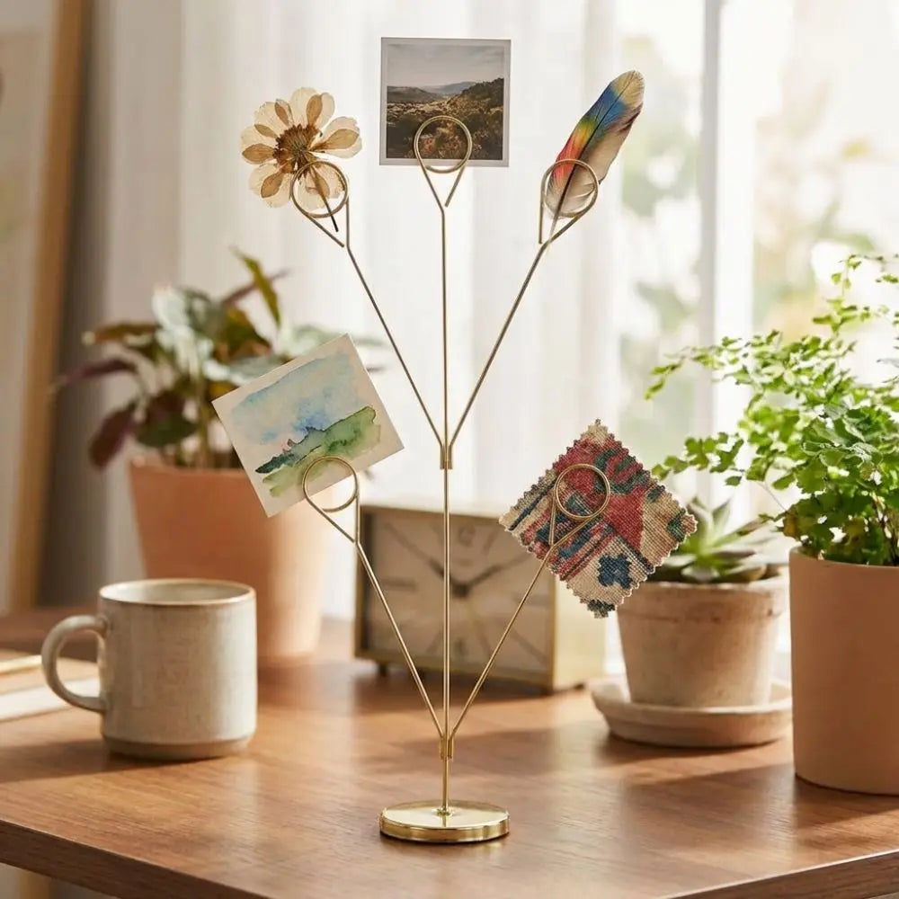 Stylish 5-Branch Photo Holder Round Base Picture Holder Memo Clip Stand Romantic Vertical Display Stand Wedding Table Peaceful Pleasures Health and Wellness