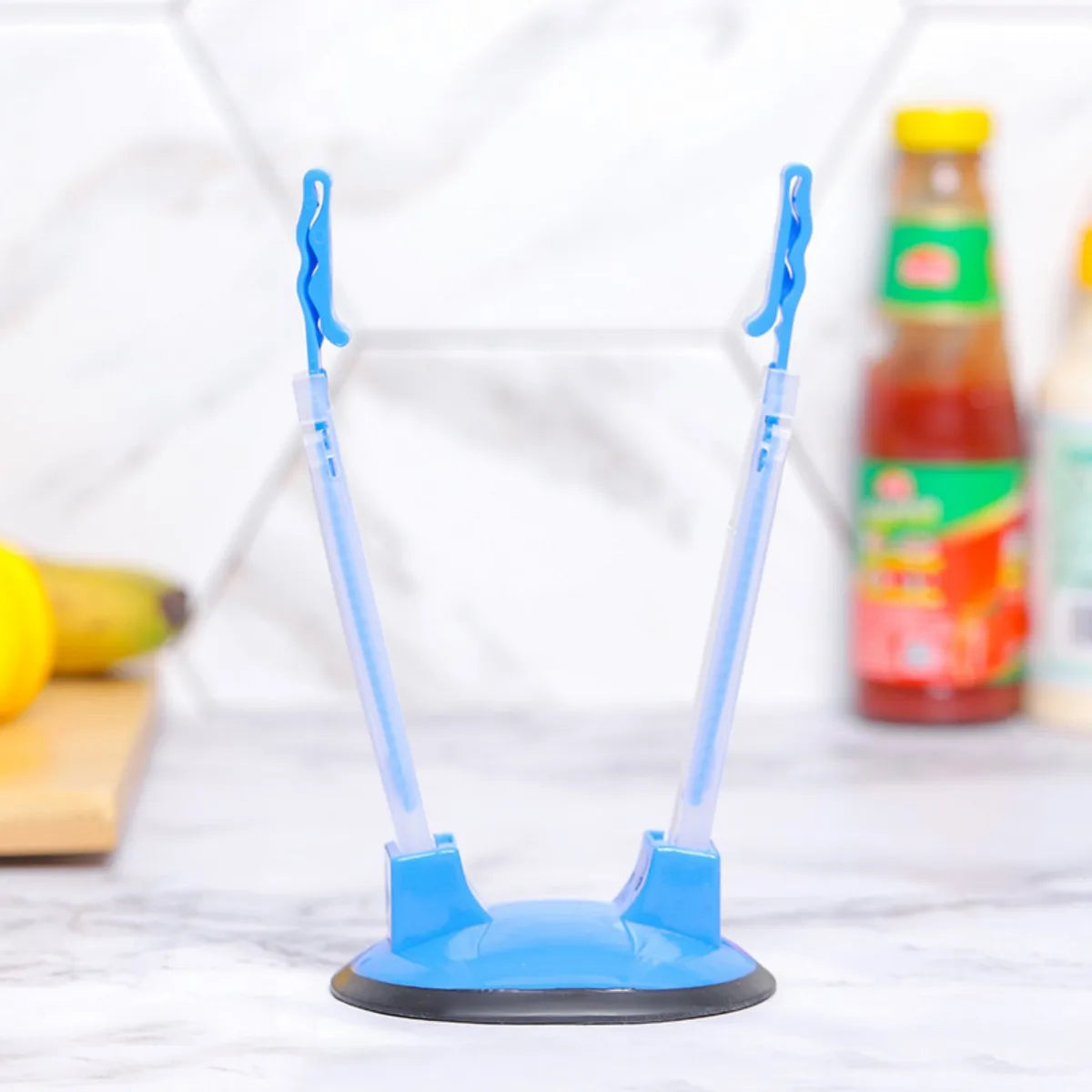 Household food storage bag holder, packaging bag opener, support stand Peaceful Pleasures Health and Wellness dark blue