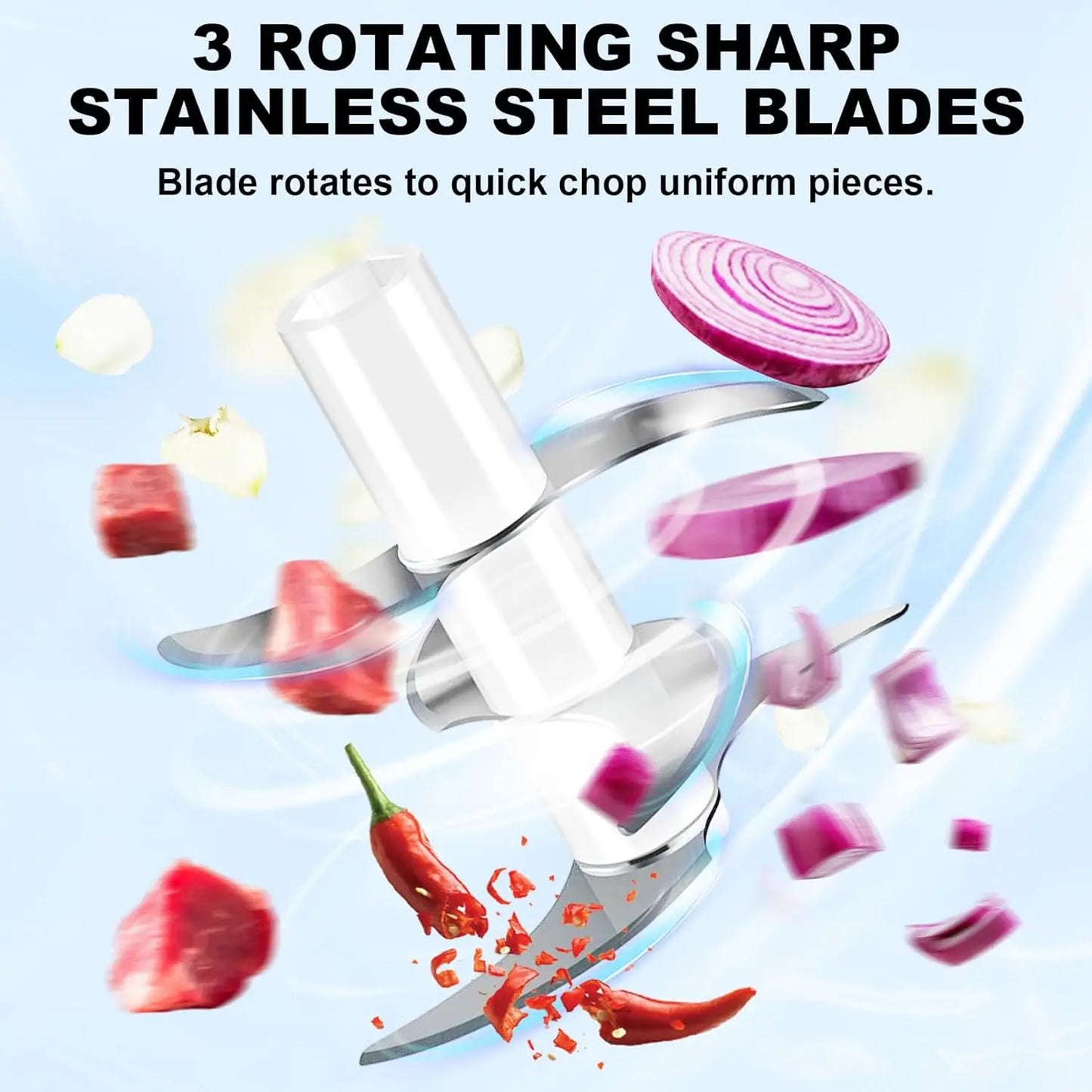 300ml Capacity Electric Garlic Chopper, Mini Portable Veggie Cutter, 4 Sharp Stainless Steel Blades Mini Electric Food Chopper, Compact Size, Easy to Clean, One-Touch Operation (Blue) Peaceful Pleasures Health and Wellness