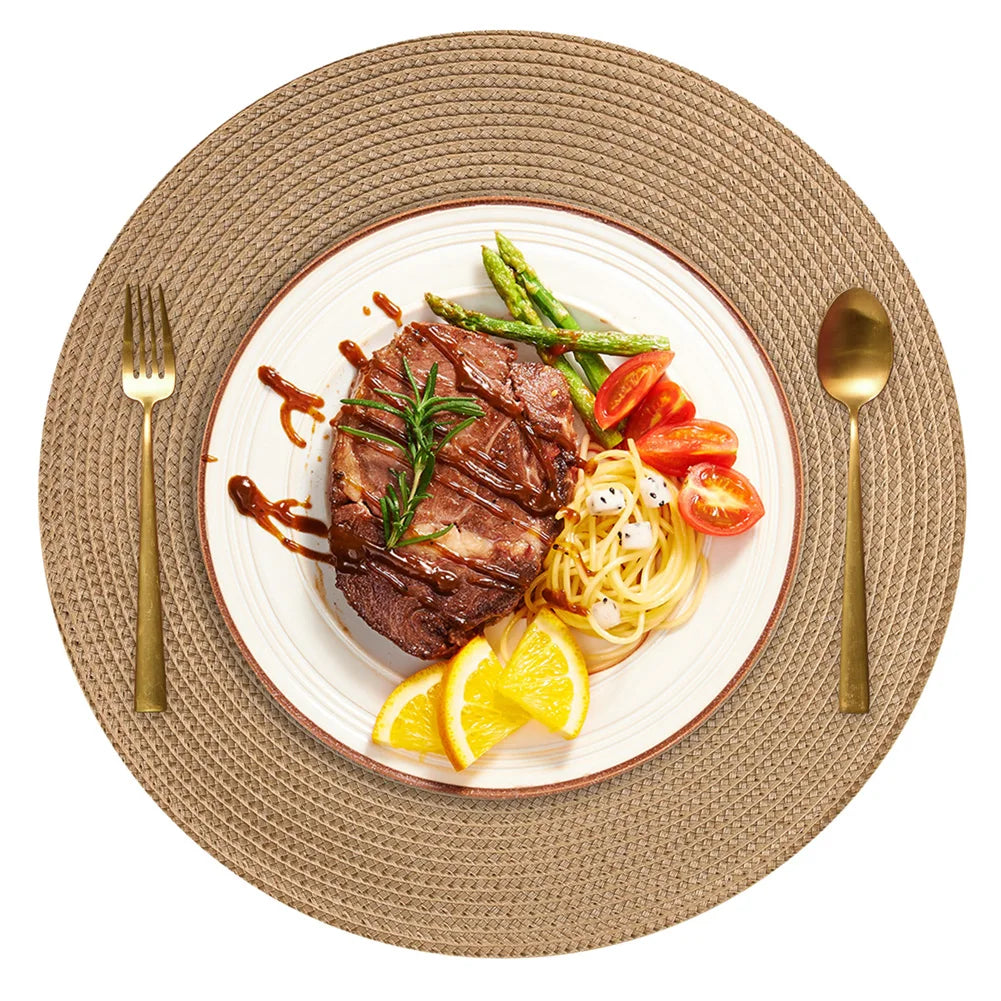 6Pc Round Braided Table Mat with 6Pc Cup Coasters Heat Resistant Washable Non Slip Placemats for Kitchen Dining Tables Pads Peaceful Pleasures Health and Wellness A Gold 33.5CM and 10CM